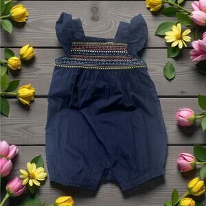 NWT Baby Gap Romper Flutter Sleeve colorful Embroidered 12-18M Navy blue